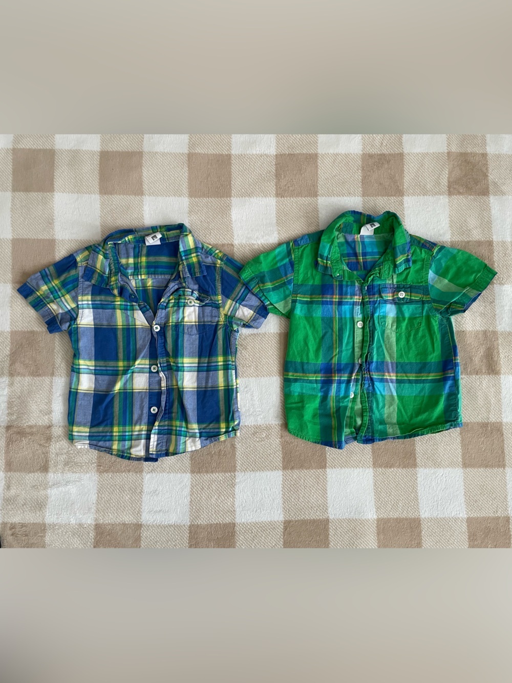 healthtex vintage Boys 3T Plaid Short-Sleeve Button Shirts - Blue & Green Set